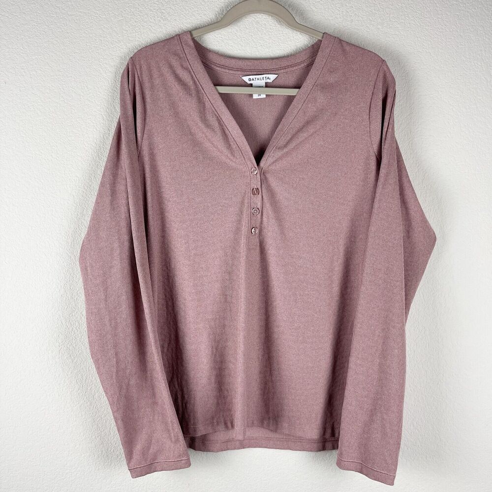 Athleta Uptempo Ribbed Henley Top Womens 2X Pink V Neck Long Sleeve‎ Stretch